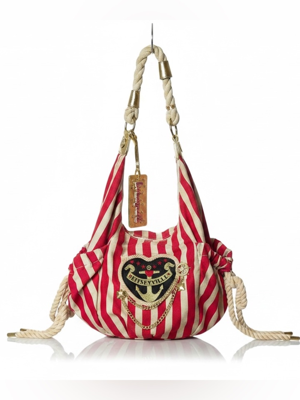 Betsey Johnson Betseyville Vintage Nautical Shoulder Bag Canvas Stripes Red Gold